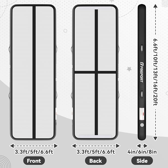 FBSPORT 6.6ft/10ft/13ft/16ft/20ft Inflatable Air Gymnastics Training Mat | 4/6/8 inches Thickness Inflatable Mat, with Electric Pump, Suitable for Home Training/Cheerleading/Yoga/Water