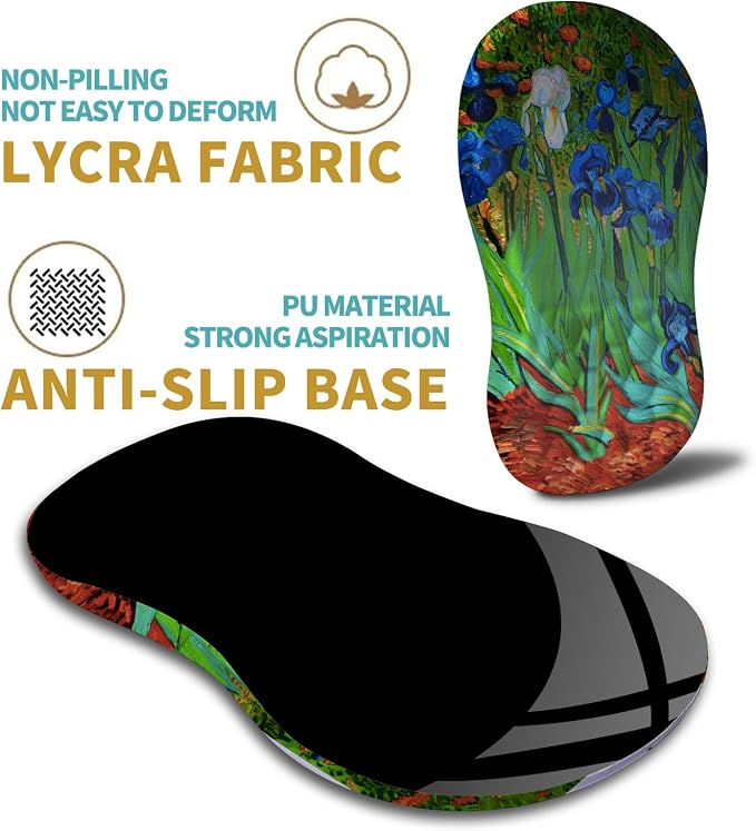 Hokafenle Ergonomic Mouse Pad Wrist Support with Massage Design, Wrist Rest Pain Relief Mousepad with Memory Foam&Non-Slip PU Base, Mouse Pads for Wireless Mouse & Desk(12x8 inch,Vangogh Iris Flower)