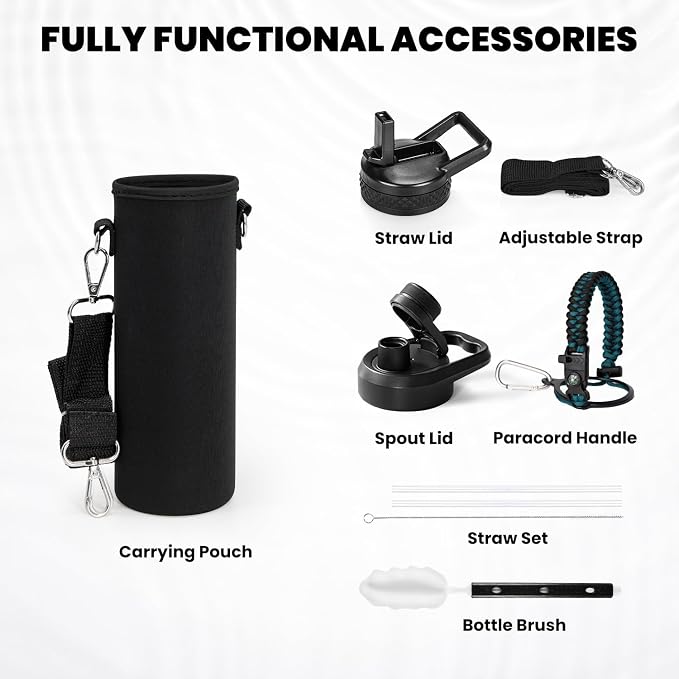 RAYMYLO Insulated Water Bottle 24 oz, Triple Wall Vacuum Stainless Steel | (Cold for 24Hrs, Hot for 12Hrs), Leak Proof & Non-BPA, Modern Water Flask Jug with Paracord Handle & Straw Spout Lids