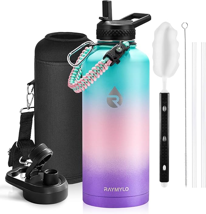 RAYMYLO Insulated Water Bottle 87 oz, Triple Wall Vacuum Stainless Steel | Cold for 48 Hrs), Leak Proof & Non-BPA, Modern Water Flask Jug with Paracord Handle & Straw Spout Lids, Hydrangea