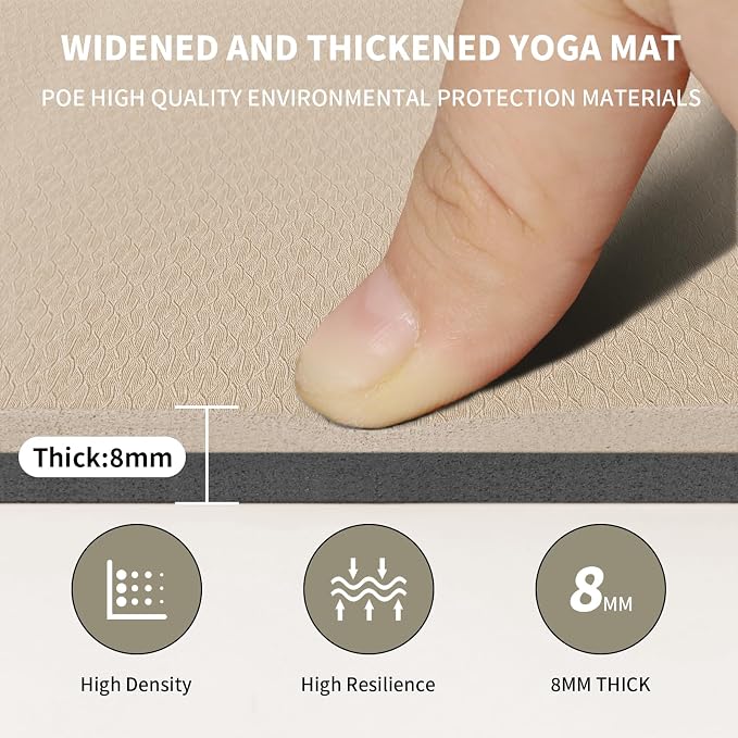 8mm & 10mm Thick Large Yoga Mat (6'x 4') - Extra Long and Wide Workout Mat for Men and Women, Non-Slip POE Fitness Mat, Eco-Friendly Exercise Mat for Home Workouts, Ideal for Yoga and Pilates