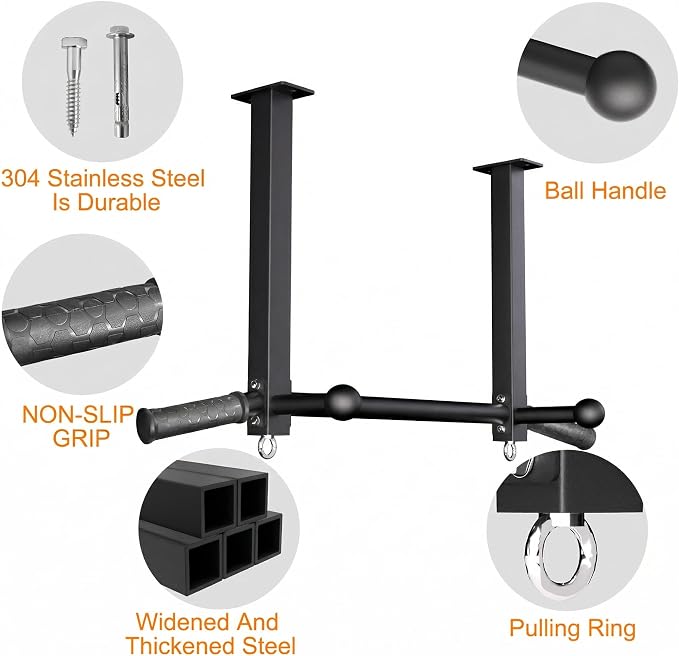16" Ceiling Mount Pull Up Bar, Heavy Duty Steel Support 600 LBS | with Ball Finger & Round Anchors, Multi-Grip Pullup Bar, Ceiling Beam for Home/Gym/Garage/Basement, Easy Installation