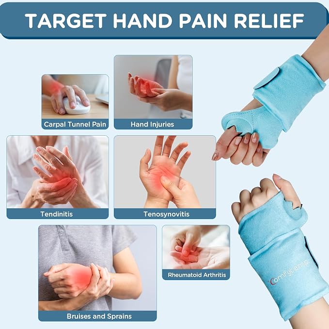 Comfytemp Wrist Ice Pack Wrap Carpal Tunnel Relief Wrist Brace, 2 Packs | FSA Eligible HSA, Gel Ice Packs for Injuries Reusable for Pain Relief, Thumb Hand Ice Pack, Hot Cold Compress Hand Brace