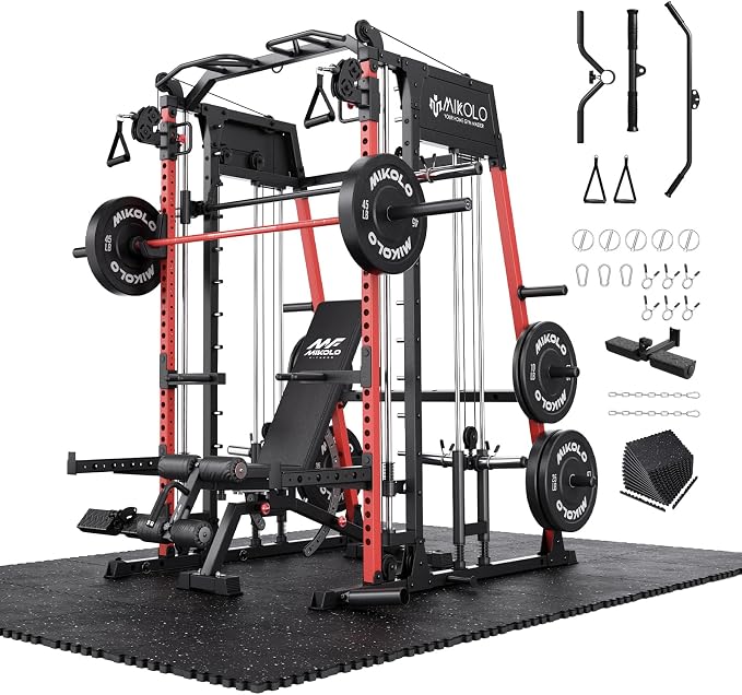 Mikolo M4 2.0 Smith Machine, 2200lbs Squat Rack with LAT-Pull Down System & Cable Crossover Machine, Training Equipment with Leg Hold-Down Attachment