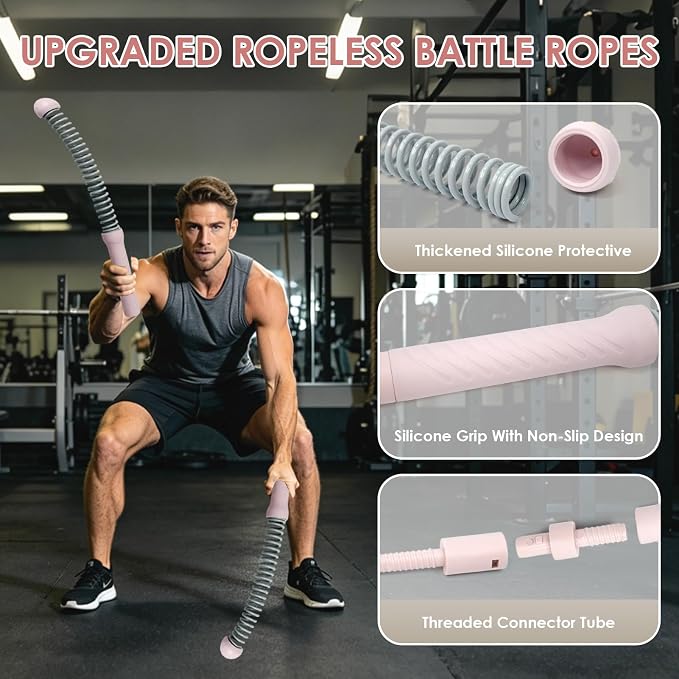 Ropeless Battle Ropes, 2-in-1 Weighted Cordless Ropes for Home Gym, Pink | Portable design for strength building, HIIT & low-impact cardio. Versatile exercise equipment for men & women
