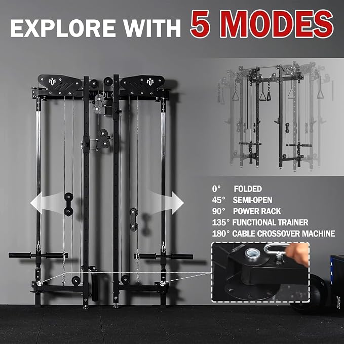 Mikolo Folding Squat Rack, Wall Mounted Power Rack with Cable Crossover Machine & LAT Pull Down, Functional Trainer with 5 Adjustable Function Modes, Home Gym Package