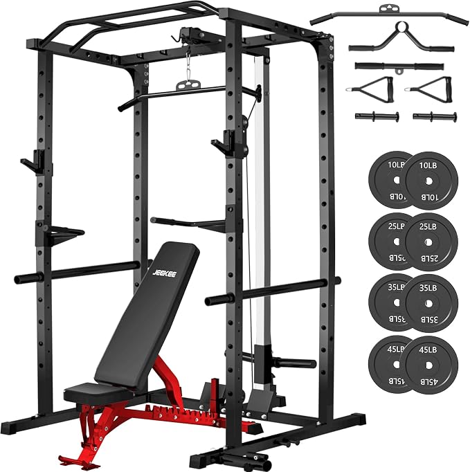 JEEKEE Power Rack with LAT Pulldown, 2000LBS Power Cage with Cable System, Multi-Function Squat Rack with J-Hooks, Safety Bars, Landmine, Pull Up Bar & Attachments for Home Gym Strength Training,Black