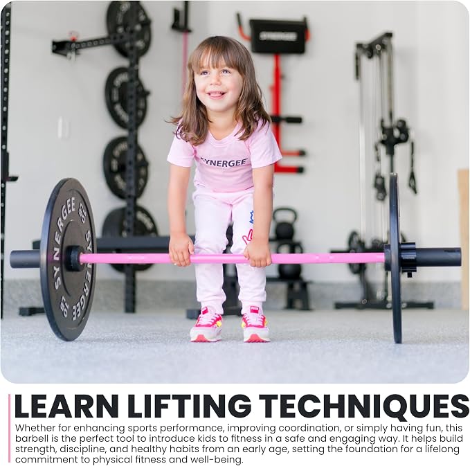 Synergee Kids Barbell – 5 lb Youth Bar in Blue Orange Pink