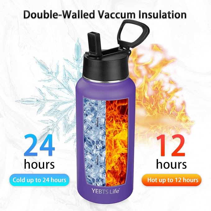 Insulated Water Bottle With Straw,32 oz Vacuum Insulated Stainless Steel Sports Water Flask,Keeps Cold and Hot,Metal Water Bottle Wide Mouth for Gym Travel Camping (Purple)