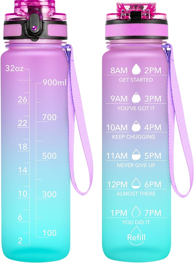 OLDLEY Water Bottle, 32oz Motivational Sports Water Bottle with Time Marker - Times to Drink - Tritan, BPA Free, Wide Mouth Leakproof,Confectionery