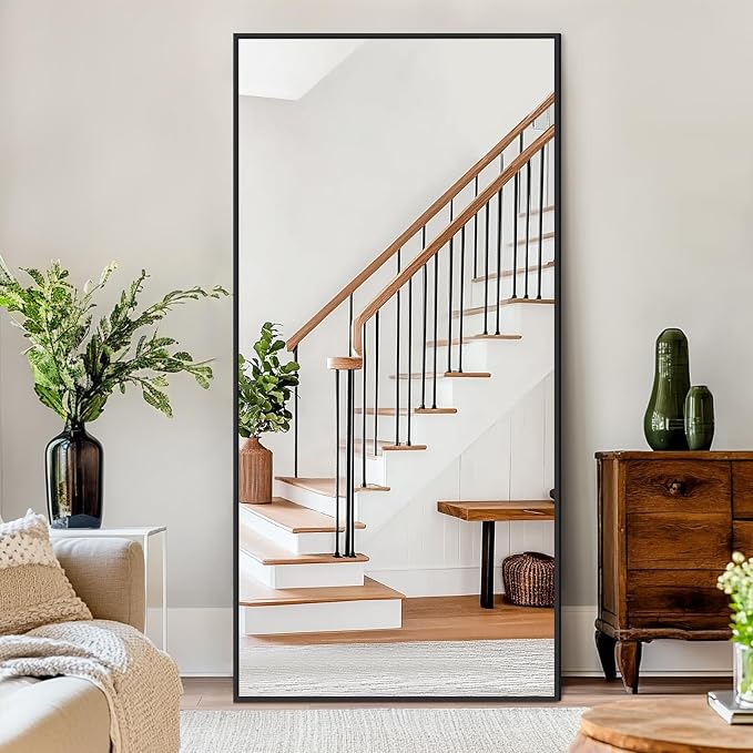 76"x34" Large Floor Mirror Full Length with Stand, Oversized Black | Free Standing or Leaning, Wall‑Mountable, for Bedroom Living Room Home Gym, Rectangular, Tempered Glass, Aluminum Frame