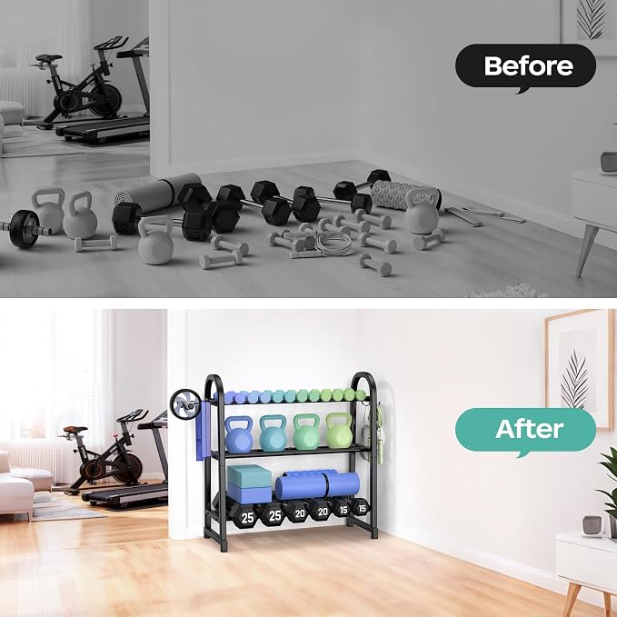 3 Tier Dumbbell Rack - Weight Rack for Home Gym: 360LB, Stand Only | Heavy Duty Adjustable Storage Rack with Hooks, Dumbbell Stand & Weight Holder, Organizer Shelf for Home Gym