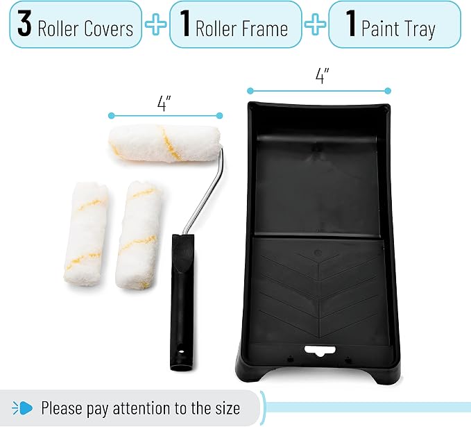 Bates- Paint Tray Set, Paint Roller Kit, 4 inch, Foam Roller, Roller Brush, Paint Tray, Roller Covers, Frame, Naps for House Painting Supplies