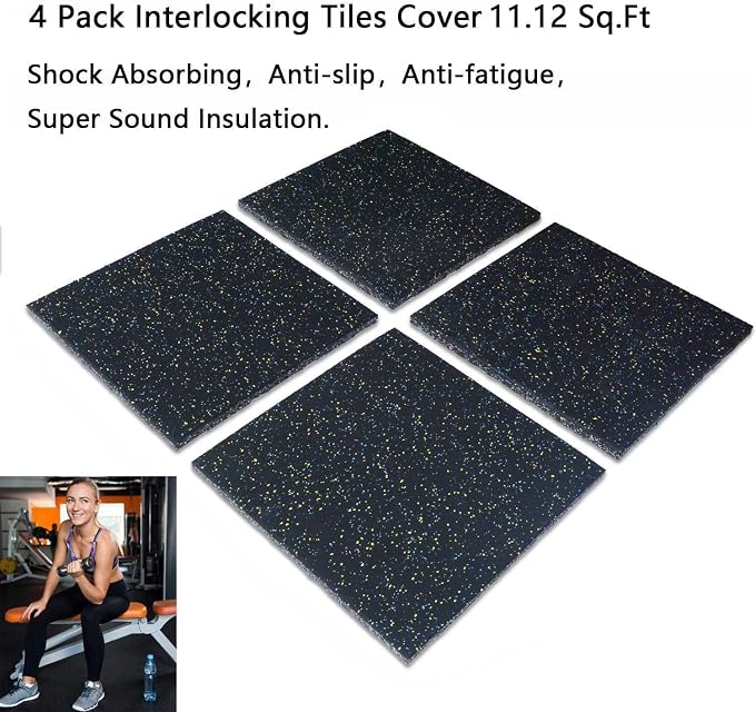 MYOYAY 4 Pack Interlocking Tile 20" x 20”x 1”Heavy Duty Rubber Flooring Mat Anti-Vibration Anti-Slip Exercise Mats for Gym Equipment and Cushion for Workouts, Cover 11.12 Sq.Ft…