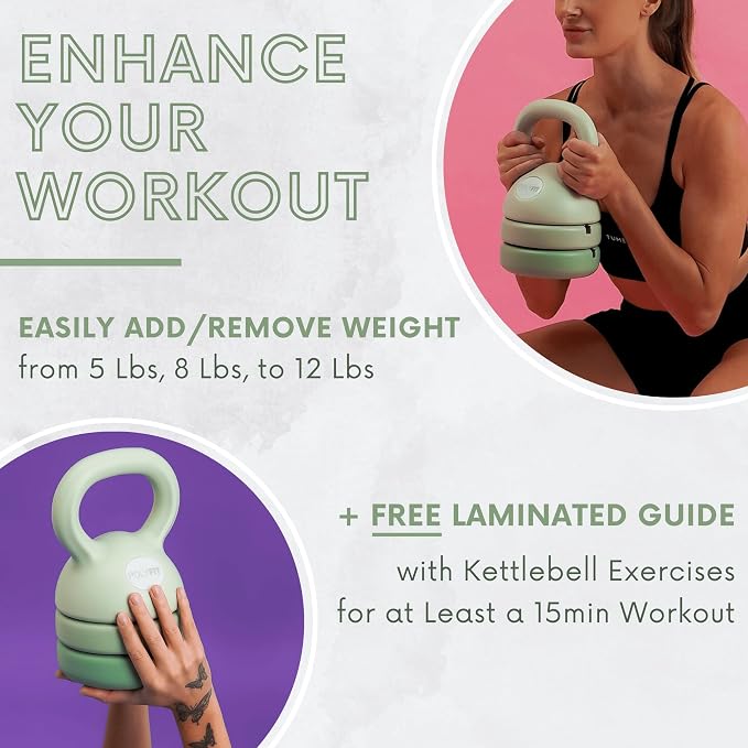 Polyfit Adjustable Kettlebell | 5 lb - 12 lb | Kettlebells Weights Set for Home Gym | Kettle Bell Sets for Women at Home | 3-in-1 adjustable design, 5/8/12 lb settings, non-slip PE coating, compact home gym storage, workout guide included
