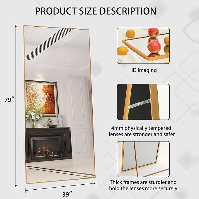Beauty4U 79" x 39" Full Length Mirror with Stand, Gold Large Floor Mirror | Standing, Leaning, or Wall-Mounted Tempered Glass Full Body Mirror with Metal Frame for Bedroom, Closet, Modern Home Decor