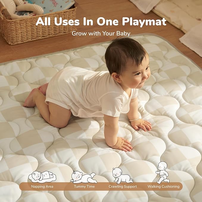 Momcozy Baby Play Mat for Floor, 50"x50" Thickened Playpen Mat | Playmate for Baby Tummy Time, Waterproof & Non-Slip, Foldable Outdoor Mat with Carrying Handle, Khaki Plaid