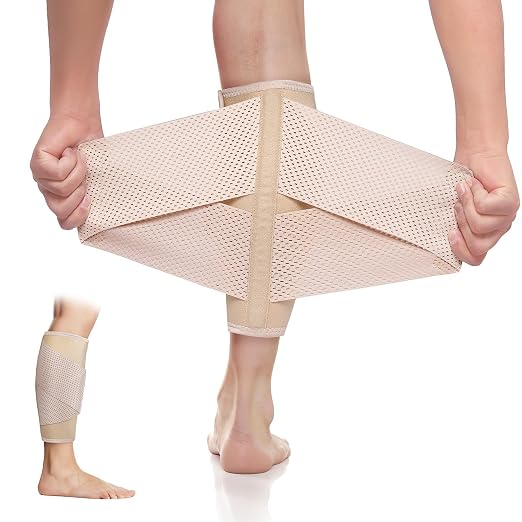Calf Brace Compression Sleeve for Torn Calf Muscle fit Men & Women, Innovative 2 Layer Elastic Bandage for Legs adds Extra Pressure for Strain, Swelling, Cramps, Varicose Vein -S/M (Beige)
