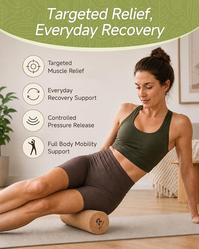 Rocalt Cork Roller 12 Inch, Full Body Stretch and Muscle Massage Roller | Natural cork, firm support for feet & calves stretching, rolling, and full body muscle release.