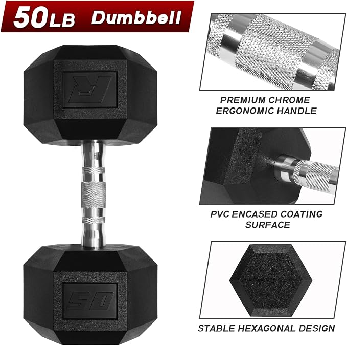 RitFit 5-650 LBS PVC Hex Dumbbell Sets with Optional Rack for Home Gym | PVC Coated Anti-Roll Hex Design, Chrome Handle with Ergonomic Grip, Full Body Strength Training with Optional Rack