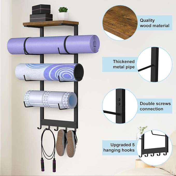 Yoga Mat Holder Wall Mount, 4-Tiers Yoga Mats Storage Shelf Rack | Home Gym Wall Organizer Holder with Wood Floating Shelf and 5 Hooks, Storage Rack for Foam Roller/Band/Workout Equipment