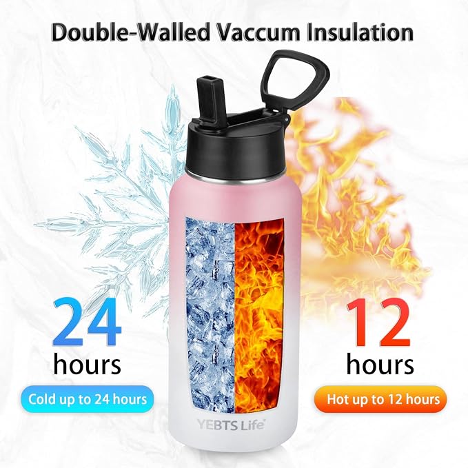 Insulated Water Bottle With Straw,32 oz Vacuum Insulated Stainless Steel Sports Water Flask,Keeps Cold and Hot,Metal Water Bottle Wide Mouth for Gym Travel Camping (Pink & White)