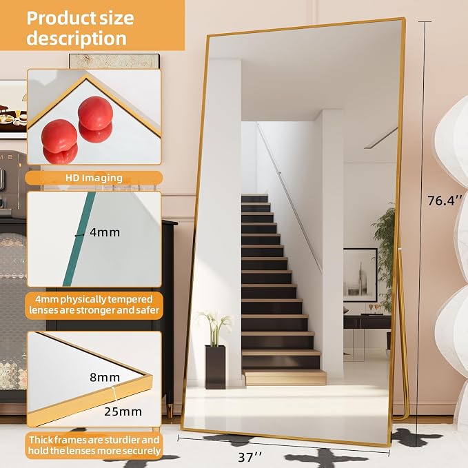LFT HUIMEI2Y 76.4"x37" Full Length Mirror, Gold Floor Mirror | Tempered Oversized Mirror Full Body with Aluminum Alloy Frame; Standing, Leaning, or Wall Mount for Bedroom, Living Room