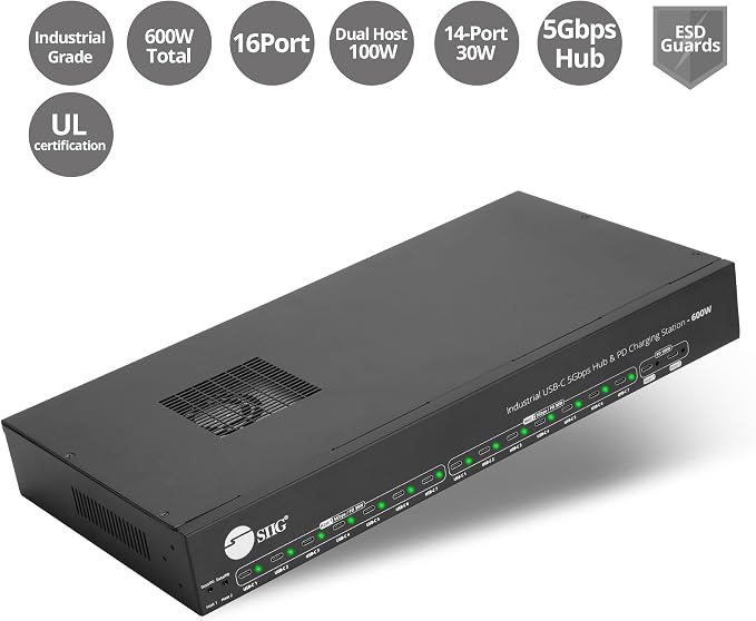SIIG Industrial 16-Port 600W USB-C PD Charging Station, ID-US0B11-S3 | Charge 16 USB-C devices and transfer data at 5Gbps; two 100W ports, 14 30W ports and auto fan support IT fleets.