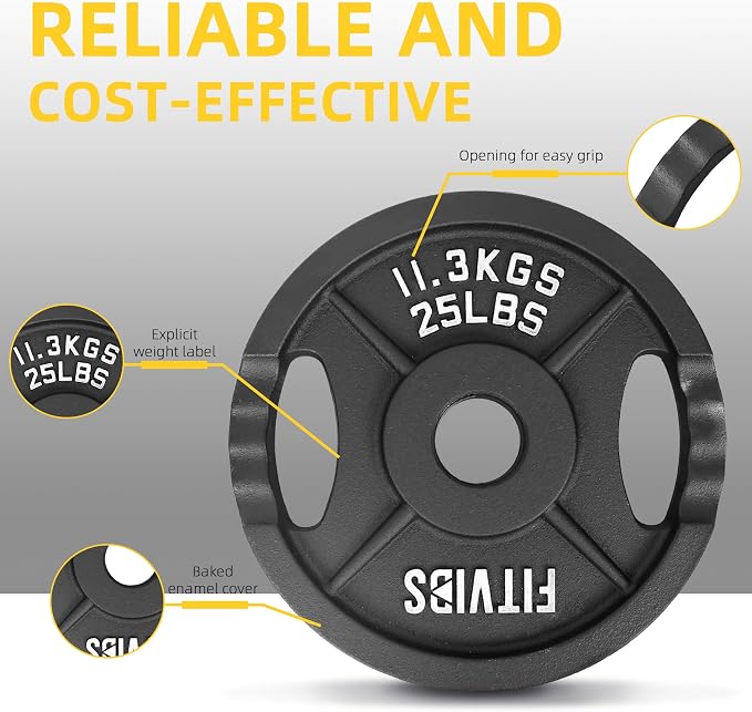 Fitvids Cast Iron 2-Inch Olympic Plate Weight Plate for Strength Training and Weightlifting, Multiple Sizes