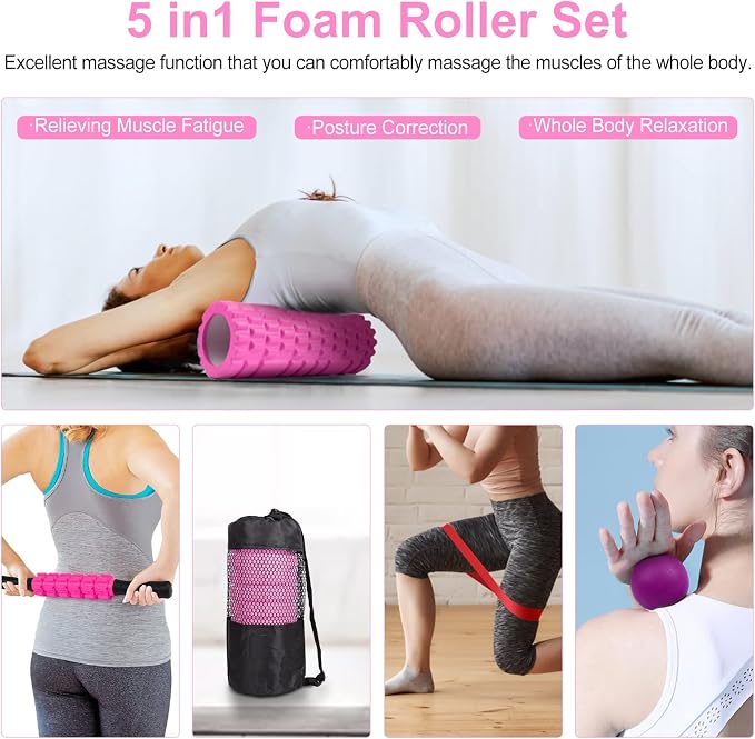 Aucuu 6 in 1 Foam Roller Set Includes Hollow Core Massage Roller, Yoga Stick, Massage Ball, Fitness Stretching Strap, Carrying Bag, Towel, Massage Roller (Pink)