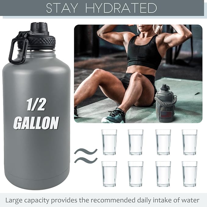 DEFUNX 64 Oz Water Bottle with Sleeve - Half Gallon Insulated Water Jug with Handle - Stainless Steel Sports Bottle for Gym Workout Hiking Glacier Grey