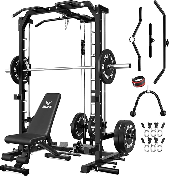 SR01 Smith Machine, 2000LBS Multi-Function Power Cage with LAT Pulldown System, All-in-One Home Gym Squat Rack with Smith Bar and Training Attachments for Full Body Workouts