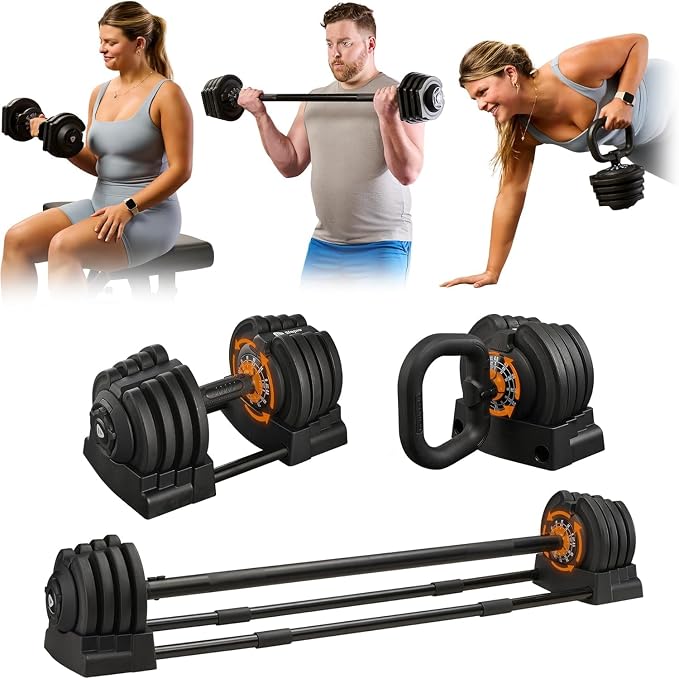 LifePro Adjustable Dumbbells, Single or 2pcs, Up to 55 lbs & 3-in1 option | Quick-change weight system with included rack — available in options from 2.5 to 55 lbs for every fitness level