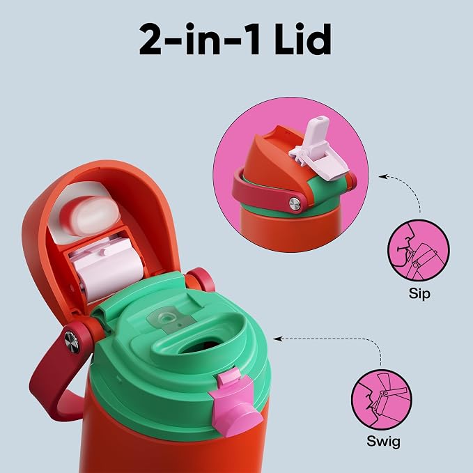 Insulated Water Bottle with Straw - Encool Stainless Steel Water Bottle with Push Button Lid, Leak-Proof & BPA-Free, Keeps Cold for 24 Hours for Sports, Travel, Gym (24 oz, Grapefruit Red)
