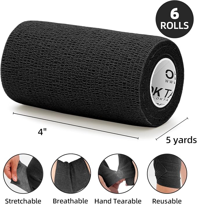 OK TAPE Self Adherent Cohesive Bandages Wrap 6Packs 4" x 5 Yards | Non-Woven Elastic for Thumb Finger Wrist Ankle Self Adhesive Bandage Wrap Breathable Vet Wrap Bandages Tape (Black)