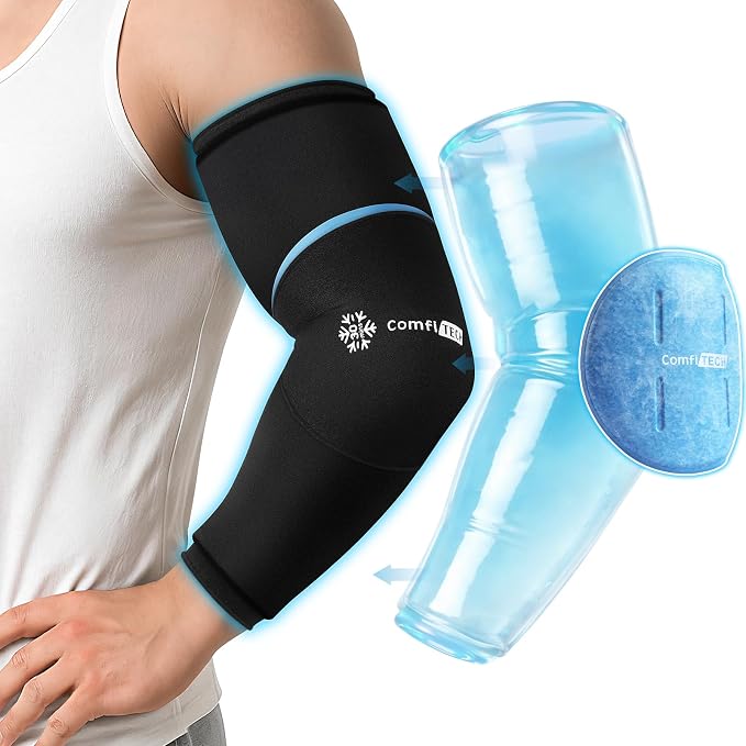 ComfiTECH Dual-Gel Full Arm Elbow Ice Pack Wrap with 30-Min Cooling, Large | Detachable Cold Pack & Flexible Gel Sleeve for Volleyball, Reusable Ice Compress for Tennis Recovery, Shin Muscle Comfort