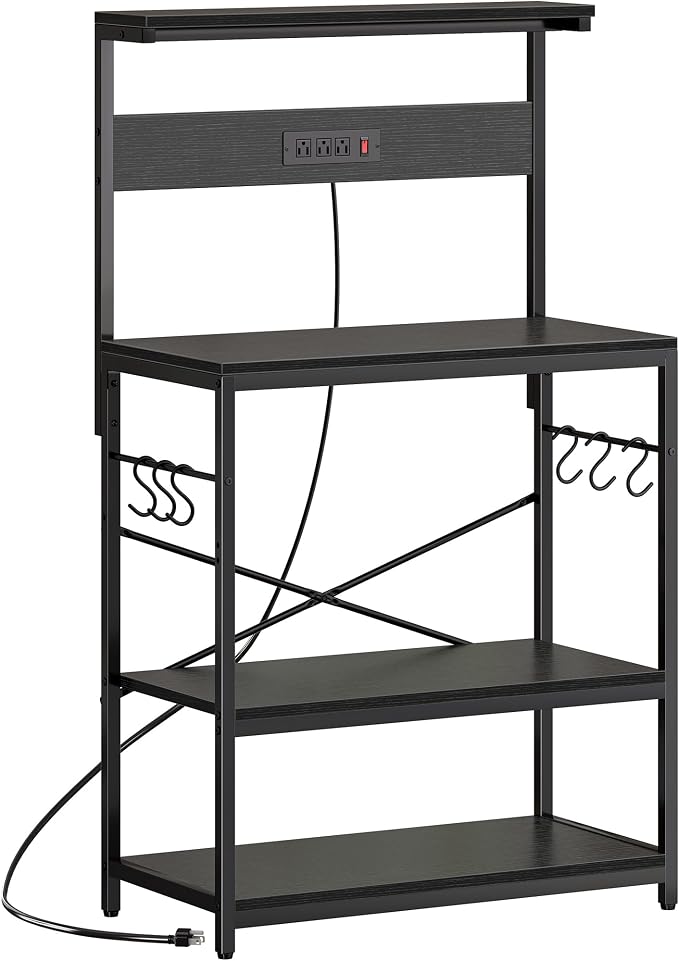 SUPERJARE Bakers Rack with Power Outlets, Microwave Stand, 31.5 X 16.5 Inch Larger Desktop, Kitchen Storage Rack with Adjustable Middle Shelf, 6 S-Shaped Hooks, Coffee Bar Stand, Black