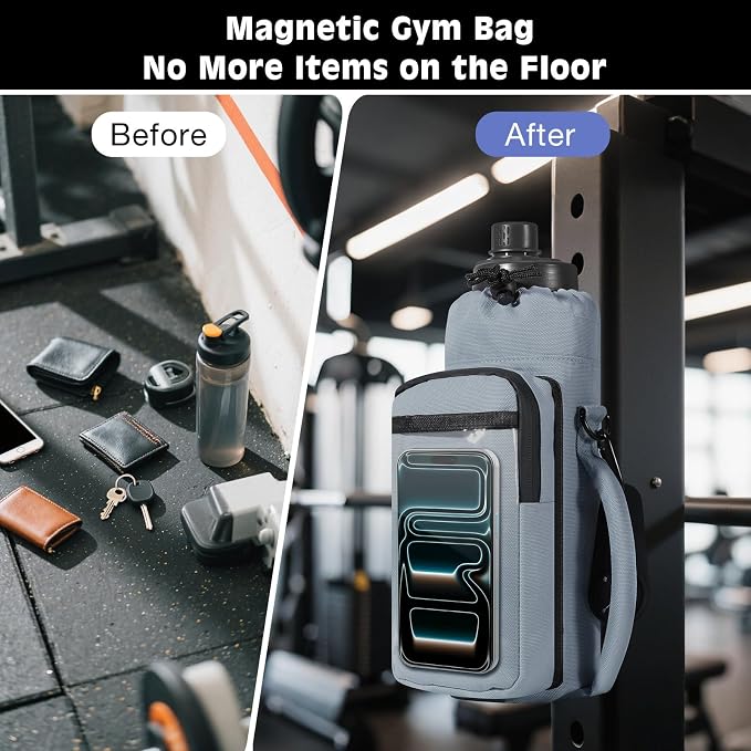 MoKo Magnetic Gym Bag, Magnetic Water Bottle Holder with Clear Phone Pouch | Built-in 5 Magnets Fitness Bag for Men and Women Compatible with Most Water Bottles, Gym Accessories Gifts, Blue