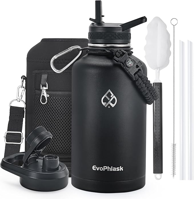 Insulated Water Bottle 64 oz with Carrier Bag, Black | Stainless Steel, Vacuum Insulated Keep Cold 48 Hrs, Half Gallon Large Water Jug, For Travel, Sport, Gym, Hiking