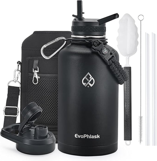 Insulated Water Bottle 64 oz with Carrier Bag, Black | Stainless Steel, Vacuum Insulated Keep Cold 48 Hrs, Half Gallon Large Water Jug, For Travel, Sport, Gym, Hiking