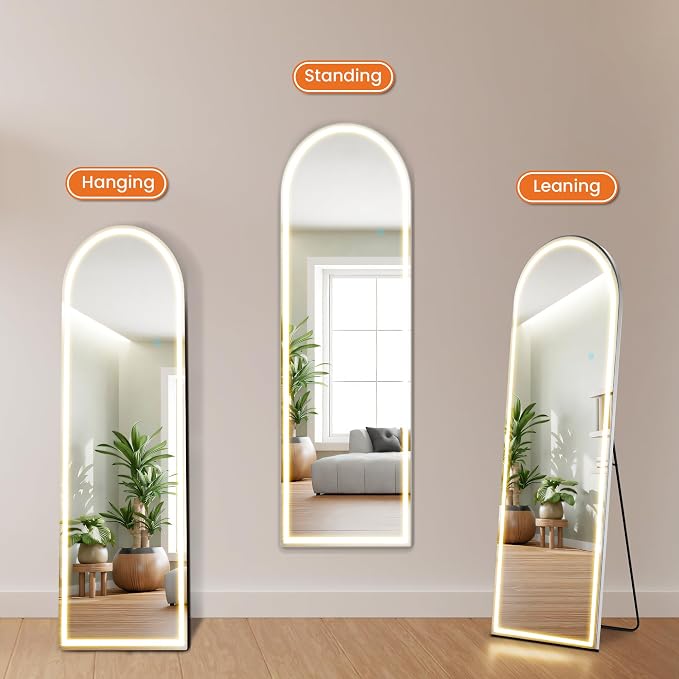 Sweetcrispy LED Arched Full Length Mirror, 63"x21" Full Body Floor Mirror | Standing Mirror with Dimming & 3 Color Lighting, Shatterproof Tempered Glass, Wall Hanging or Leaning for Home Decor, White