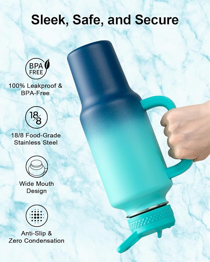 Trebo Insulated Water Bottle 40 oz Fits in Car Cup Holder with Side Handle | Stainless Steel Metal Tumbler with Straw Spout Lids, Triple-Wall Vacuum Copper Plated, Cold 48 Hrs Hot 24 Hrs for Travel, Gym