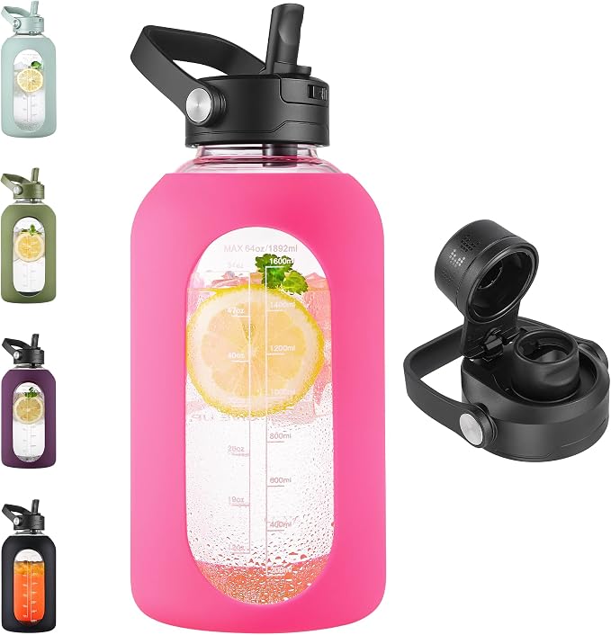 CIVAGO 64 oz Glass Water Bottle Jug with Detachable Straw and Time Maker | Half Gallon Motivational Large Flask Cup with Handle, Leakproof Lids, Wide Mouth, Silicone Sleeve, Tumbler for Juice, Camelia