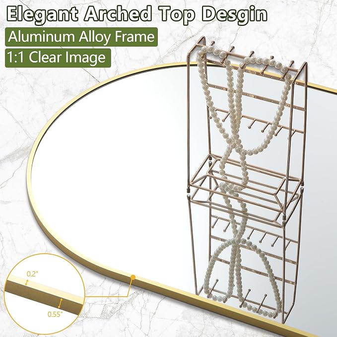 MELOMOIR Gold Mirror Full Length, 56"x18" Arched Floor Mirror Freestanding Leaning Hanging, Thin Aluminum Frame, for Living Room Bedroom Cloakroom Hallway, Gold