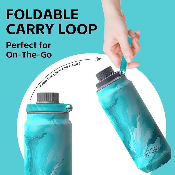 GREYLOCK 40 oz Insulated Water Bottle with Straw Lid, Leakproof Reusable Stainless Steel Vacuum Flask, 24hr Cold & Hot, Carry Handle & Silicone Spout, BPA-Free for Gym, Hiking, Travel,Blue
