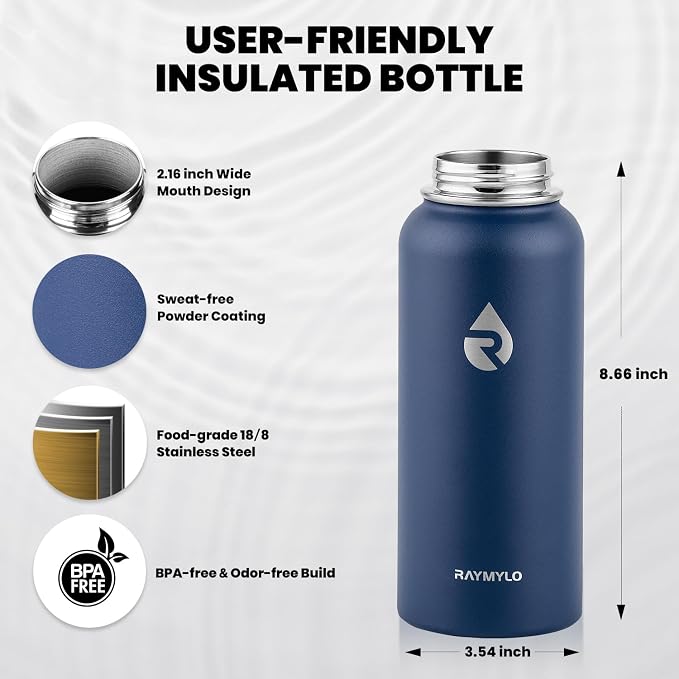 RAYMYLO Insulated Water Bottle 32 oz, Triple Wall Vacuum Stainless Steel | (Cold for 24Hrs, Hot for 12Hrs), Leak Proof & Non-BPA, Modern Water Flask Jug with Paracord Handle & Straw Spout Lids