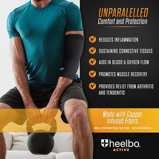 Heelbo Elbow Sleeve and Elbow Compression Sleeve with Copper Infused Fibers and Breathable Fabric for Tendonitis, Golfers, Weight Lifting, Tennis Elbow or Arthritis, Men and Women, Black, Extra Large