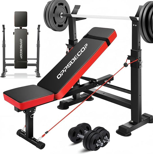 OPPSDECOR 900LBS Weight Bench Set Adjustable Workout Bench for Home Gym | Bench Press, Incline Press, Squat Rack, Leg Developer, Preacher Curl Pad, Fits 6-7ft Barbells, 2-Second Fold, 38-in Rear Rack
