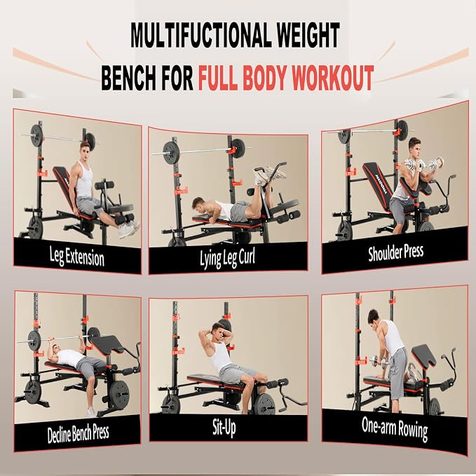 MAIDOMA 1500LBS Foldable 8 IN 1 Weight Bench with Upgraded Leg Extension | Adjustable Flat Incline Decline Bench Press Set with Wide Squat Rack for Full Body Home Gym Workout (US Stock)