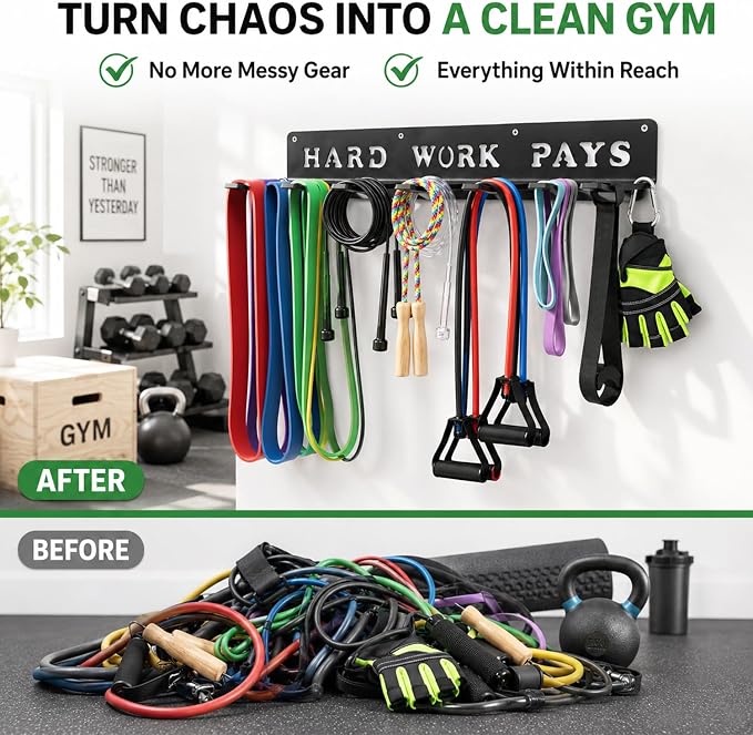 Home Gym Accessories Organization Storage Rack Equipment For Home 8 Hook Wall Hanger Display Gear Barbells Resistance Bands Jump Ropes Lifting Belt Hanger Accessories Hardware Included